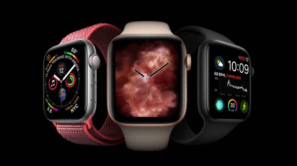 Three smartwatches are displayed against a black background. The left watch has a red strap and shows various fitness and weather data. The middle watch, reminiscent of Apple’s design, has a gold casing with a cloud-like abstract face. The right watch has a black strap and displays time and weather information from leading Asian competitors in wearables.