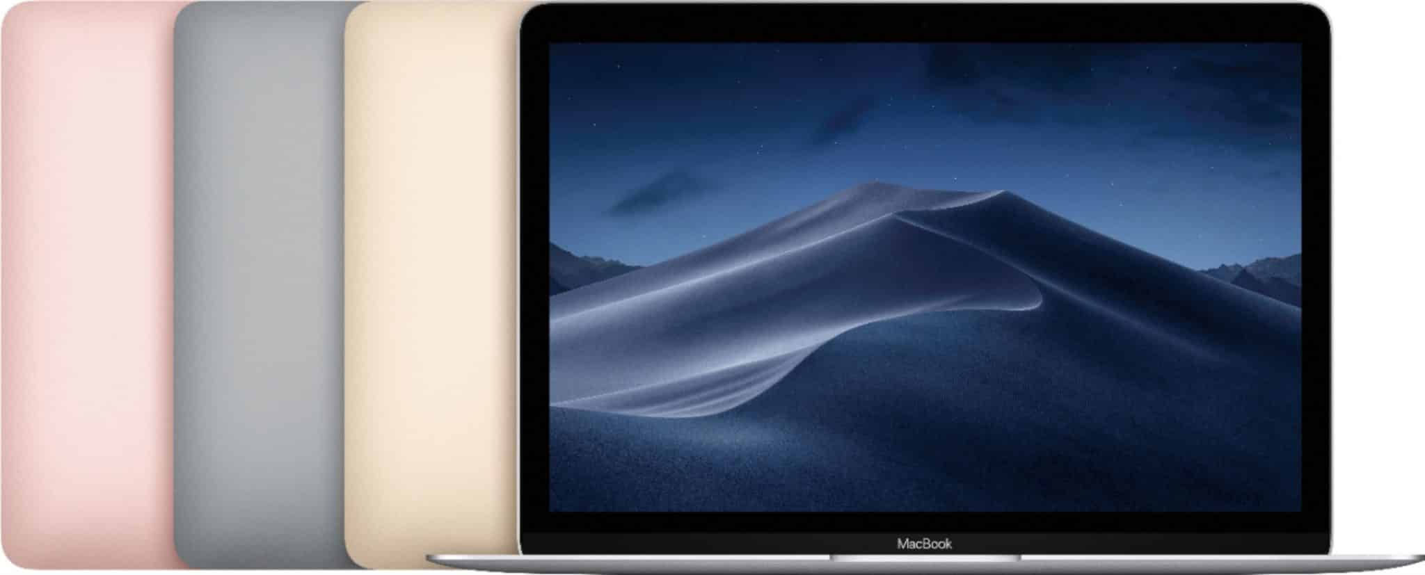 A MacBook laptop with a nighttime sand dune wallpaper displayed on its screen. Behind the laptop are four colored backgrounds fanning out, showcasing the available colors: rose gold, space gray, gold, and silver. Apple's engineering perfection is evident in every detail.