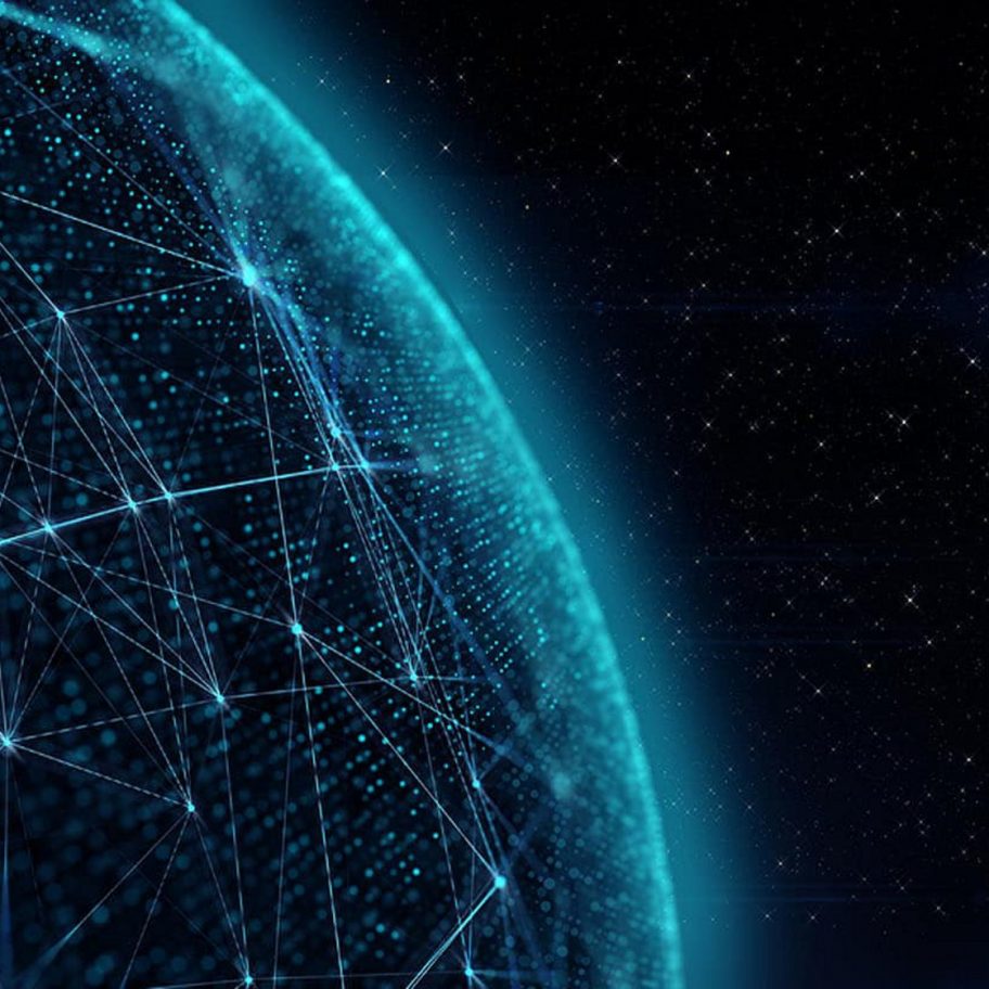 A digital representation of a globe on the left side of the image, featuring interconnected network lines and glowing nodes on a dark blue background, symbolizing global connectivity. The right side shows a star-filled space, highlighting the vastness of the universe.