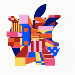 Colorful geometric shapes form the Apple logo on a white background, representing their vibrant brand just like their $58 billion Q2 2019 earnings. The shapes include stripes, polka dots, and solid colors in shades of blue, red, pink, yellow, and orange. The design has a three-dimensional appearance with various blocks converging in the center.