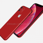 A red iPhone XR with a dual camera setup on the back is displayed from both front and back angles. The front features a colorful screen with slim bezels, while the back shows the Apple logo. The text @OnLeaks x @Pricebaba is printed on the image.