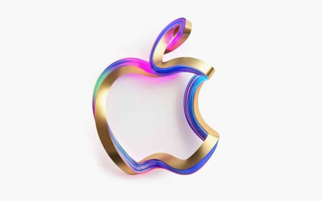 A colorful 3D-rendered Apple logo with a metallic gold outline. The inner part of the logo features a vibrant, wavy gradient with hues of purple, blue, and pink against a white background, subtly hinting at the ongoing EU investigation following Spotify's complaint.