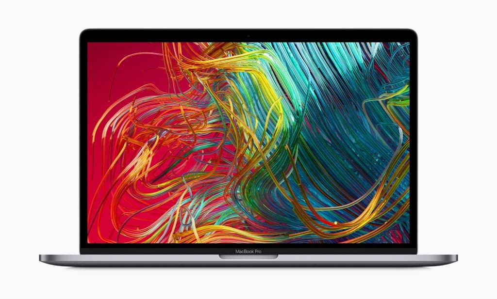 A MacBook Pro laptop with a colorful abstract design on the screen featuring swirling red, yellow, green, and blue lines on a red background. The laptop, one of the notable MacBook Pro models known for its advancements, is shown on a plain white background.