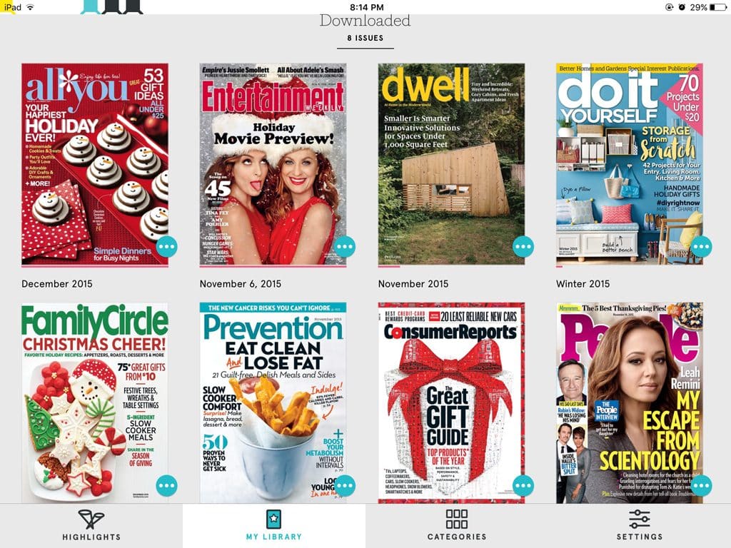 A screenshot shows the "Downloaded" magazines section on a tablet, with eight issues displayed. Covers include holiday themes, DIY projects, health tips, and consumer reports. Issue dates range from November 2015 to Winter 2016. Icons for "Highlights," "My Library," "Categories," and "Settings" appear at the bottom in Apple News+.