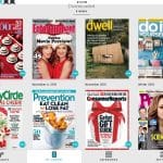 A screenshot shows the "Downloaded" magazines section on a tablet, with eight issues displayed. Covers include holiday themes, DIY projects, health tips, and consumer reports. Issue dates range from November 2015 to Winter 2016. Icons for "Highlights," "My Library," "Categories," and "Settings" appear at the bottom in Apple News+.