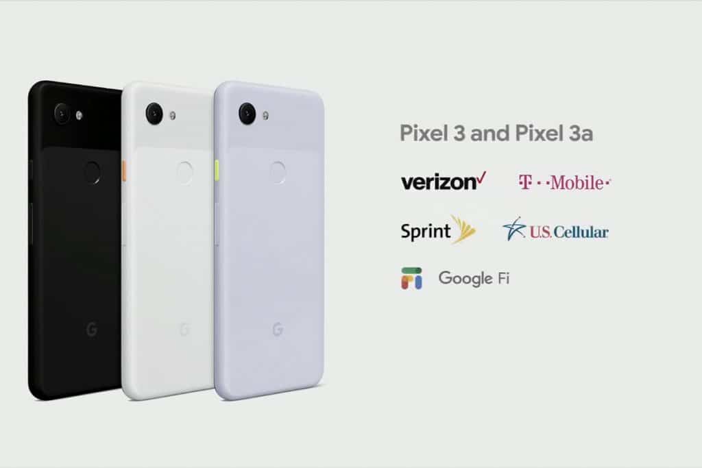 Three Google Pixel smartphones in different colors (black, white, and purple) are positioned upright side by side. Text on the right reads "Pixel 3a" above logos of Verizon, T-Mobile, Sprint, U.S. Cellular, and Google Fi.