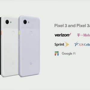 Three Google Pixel smartphones in different colors (black, white, and purple) are positioned upright side by side. Text on the right reads "Pixel 3a" above logos of Verizon, T-Mobile, Sprint, U.S. Cellular, and Google Fi.