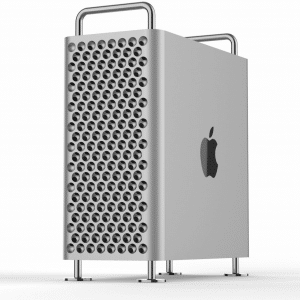 A sleek, silver Apple Mac Pro computer tower with a perforated front panel for breakthrough ventilation. It has rounded corners and two metallic handles on top. The Apple logo is prominently displayed on the side. The tower is elevated on four short legs.