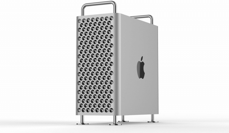 A sleek, silver Apple Mac Pro computer tower with a perforated front panel for breakthrough ventilation. It has rounded corners and two metallic handles on top. The Apple logo is prominently displayed on the side. The tower is elevated on four short legs.