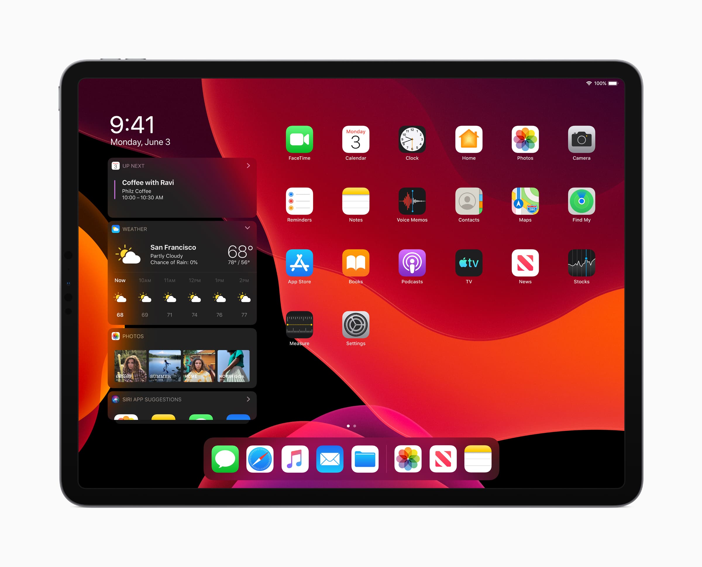 Front view of an iPad displaying its home screen with various app icons including FaceTime, Calendar, Clock, Photos, and others. The screen also shows a weather widget with details and the current time of 9:41 AM, highlighting the sleek interface and new features of iPadOS.