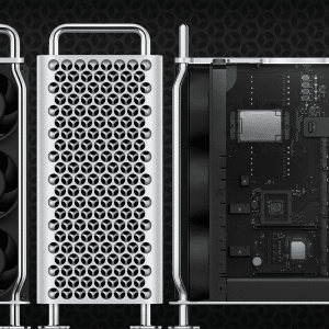 A photo of an opened Mac Pro tower showcasing its breakthrough three sections: cooling fans on the left, a vented front panel in the center, and various internal components including a motherboard, RAM, and storage devices on the right against a dark geometric background.