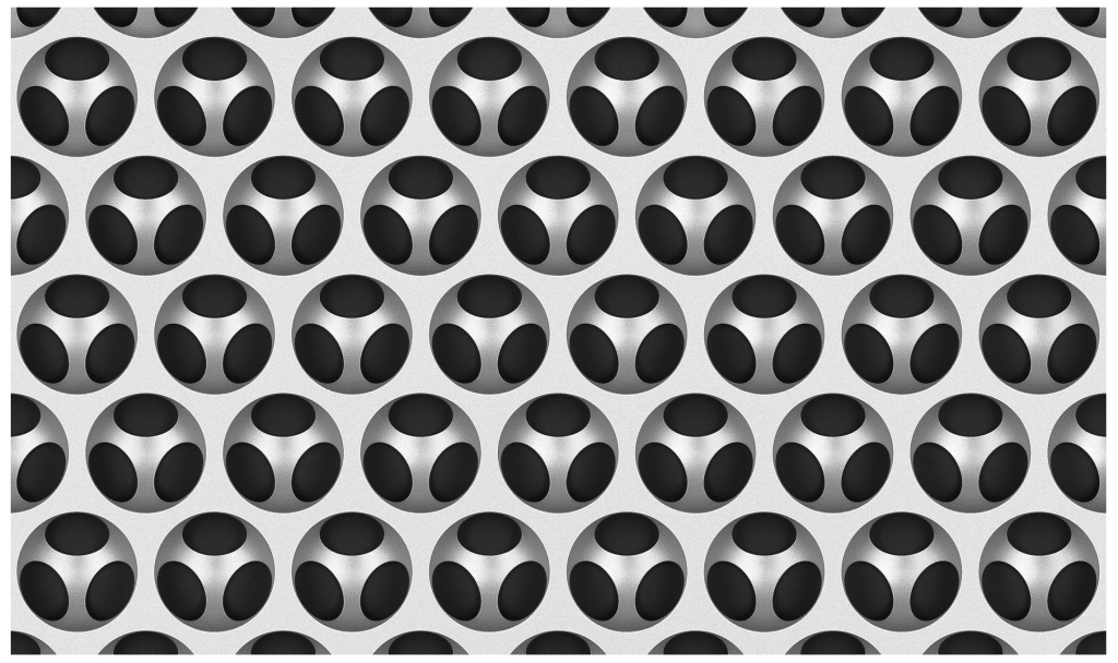 A pattern of uniformly spaced, black and white, three-dimensional circular shapes resembling interlocking, curved elements that create a honeycomb-like structure. Reminiscent of the Mac Pro's grid design, this embossed pattern appears on a light-colored, textured surface.