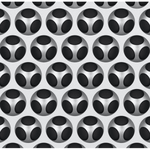 A pattern of uniformly spaced, black and white, three-dimensional circular shapes resembling interlocking, curved elements that create a honeycomb-like structure. Reminiscent of the Mac Pro's grid design, this embossed pattern appears on a light-colored, textured surface.