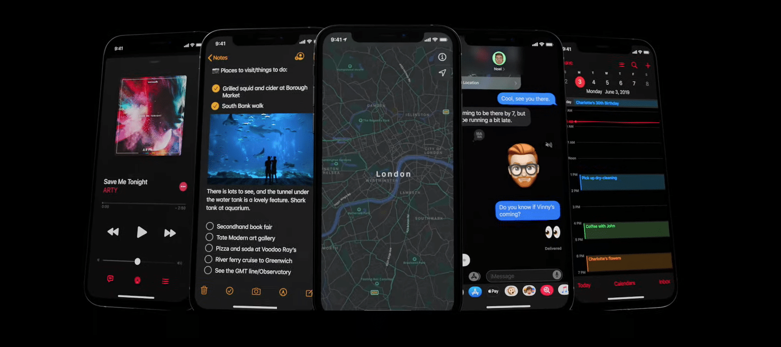 A screenshot of five smartphones displaying various apps: music streaming with album art, a task manager with a to-do list, a navigation app showing a map of London, a messaging app with emoji, and another organizer app in dark mode. This setup showcases features reminiscent of Apple's iOS 13 as unveiled at WWDC 2019.