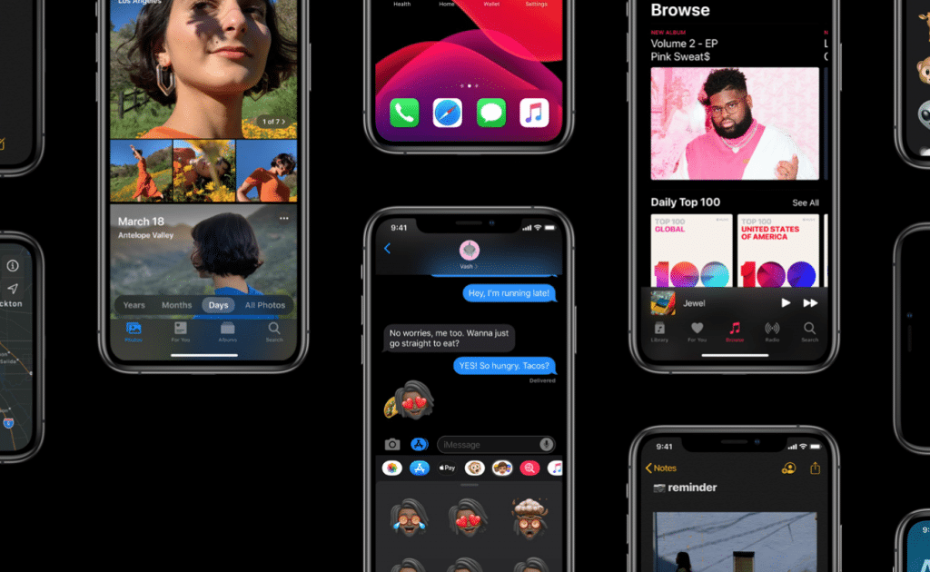 A collage of multiple smartphone screens displaying various apps and features. The screens show photos, a music app, a maps app, a messaging app with memojis, a reminders app, and a browsing app. Sign In With Apple is highlighted on some apps. The background is black, making the screens stand out.