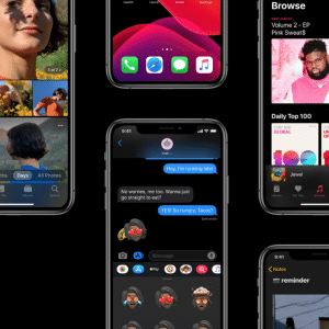 A collage of multiple smartphone screens displaying various apps and features. The screens show photos, a music app, a maps app, a messaging app with memojis, a reminders app, and a browsing app. Sign In With Apple is highlighted on some apps. The background is black, making the screens stand out.