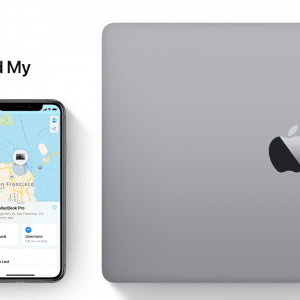 An iPhone displaying the "Find My" app with a map of San Francisco and the location of a MacBook Pro. Next to the iPhone is a closed MacBook with an Apple logo. The "Find My" app logo is displayed at the top left, providing additional information on your Apple devices' locations.