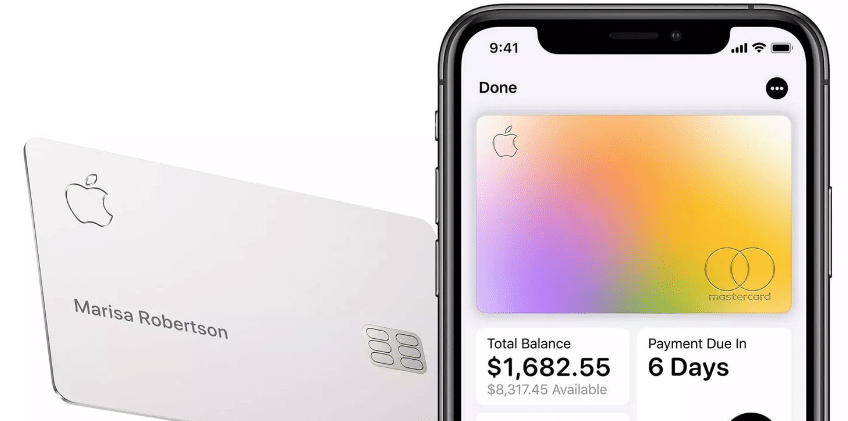 An Apple Card by Goldman Sachs with the name "Marisa Robertson" is shown alongside an iPhone displaying the Apple Wallet app. The app reveals a balance of $1,682.55 and a payment due in six days. The card boasts a minimalist design with Apple's logo and a chip, enhancing both style and profitability.