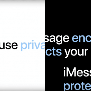 Abstract image featuring the partially visible text: "Because privacy message enc... protects your... iMessa... prote..." in various shades of black and blue on a split white and black environment. The text is cut off, making some words incomplete.