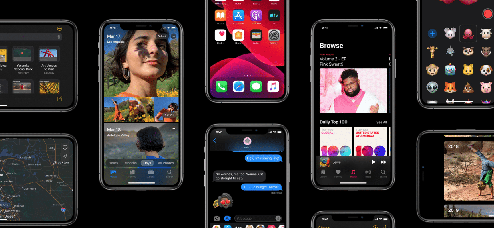 A collage of various iPhone screens displaying different apps and features, including Calendar, Photos, Messages, Apple Music, and Memoji. The devices showcase the colorful backgrounds and content of iOS 13's Public Beta, all set against a sleek black backdrop.