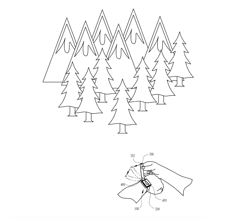 A line drawing of a forest with multiple triangular trees in the background. Below the forest, there is a detailed diagram of a hand wiping something with a cloth, similar to an Apple patent illustration, highlighting labeled parts and possible steps in a process.