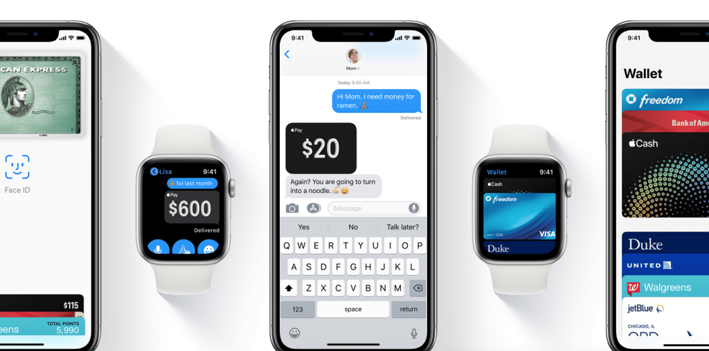 The image shows three iPhones and two Apple Watches displaying different apps. The center iPhone shows a text conversation, while the others display financial apps with various cards and payments options viewable, emphasizing the roll-out of Apple Pay in European countries.