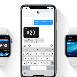 The image shows three iPhones and two Apple Watches displaying different apps. The center iPhone shows a text conversation, while the others display financial apps with various cards and payments options viewable, emphasizing the roll-out of Apple Pay in European countries.