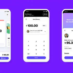 Three screenshots of a mobile app for sending money, launched in 2020. The first shows a balance screen with $25 being sent to Sofia. The second screen is for sending $100 with a keypad for entering amounts. The third screen confirms Eddie will receive ≈ 95.31 USD. All screens use a purple background, hinting at potential Facebook cryptocurrency integration.