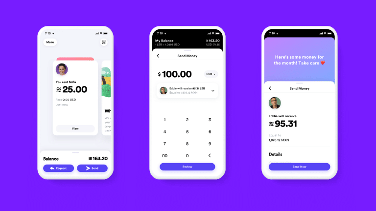 Three screenshots of a mobile app for sending money, launched in 2020. The first shows a balance screen with $25 being sent to Sofia. The second screen is for sending $100 with a keypad for entering amounts. The third screen confirms Eddie will receive ≈ 95.31 USD. All screens use a purple background, hinting at potential Facebook cryptocurrency integration.