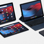 Four electronic devices are displayed: two tablets in black cases with screens turned on showing various Google apps, one in landscape orientation and the other in portrait, one tablet in a black keyboard case, and one closed tablet in a black cover.