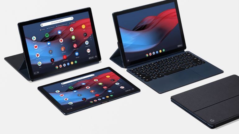 Four electronic devices are displayed: two tablets in black cases with screens turned on showing various Google apps, one in landscape orientation and the other in portrait, one tablet in a black keyboard case, and one closed tablet in a black cover.