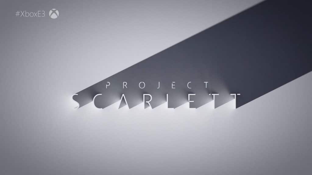 A minimalist image featuring the text "Project Scarlett" with a shadow effect against a light gray background. The Xbox logo and "#XboxE3" are visible in the top left corner, hinting at Microsoft's new Xbox vision.