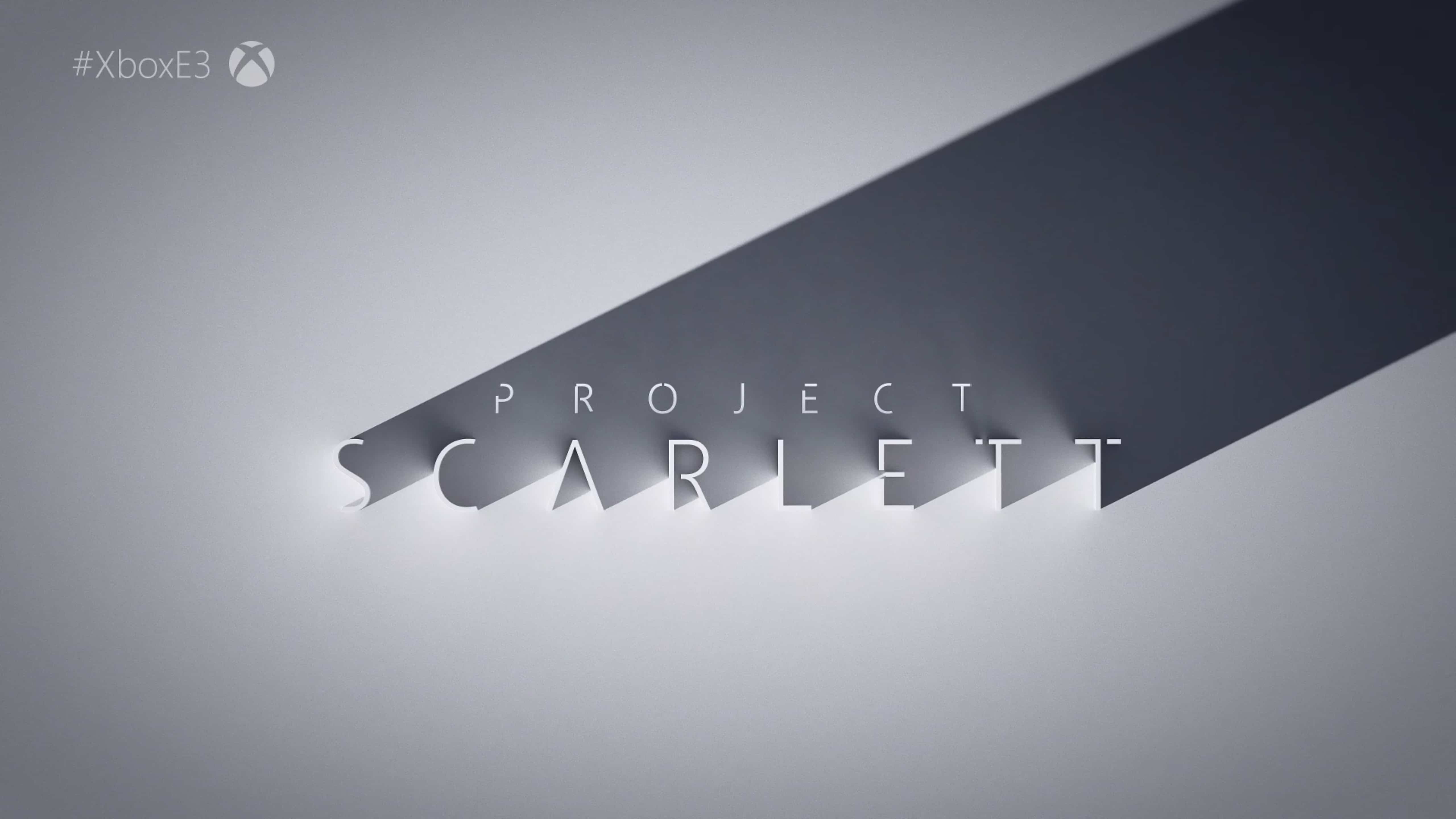 A minimalist image featuring the text "Project Scarlett" with a shadow effect against a light gray background. The Xbox logo and "#XboxE3" are visible in the top left corner, hinting at Microsoft's new Xbox vision.