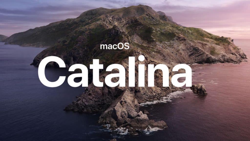 An image of an island with rugged terrain surrounded by the ocean, under a sky with purple and pink hues. The text "macOS Catalina" is prominent in white over the image, showcasing the seamless integration of Apple Messages and Shortcuts on your Mac.