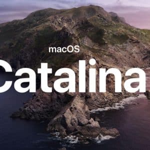 An image of an island with rugged terrain surrounded by the ocean, under a sky with purple and pink hues. The text "macOS Catalina" is prominent in white over the image, showcasing the seamless integration of Apple Messages and Shortcuts on your Mac.