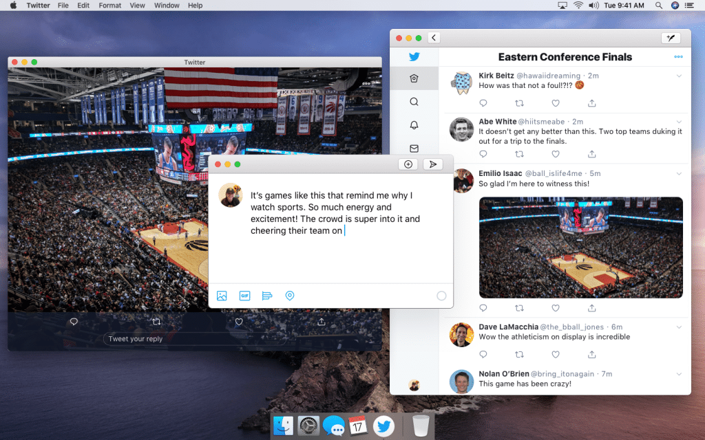 A laptop screen displays a Twitter feed and a Mac app for note-taking. The Twitter feed shows tweets about a basketball game with various comments, while the note-taking app contains a note about enjoying sports for the energy and excitement. The background features a live basketball game.