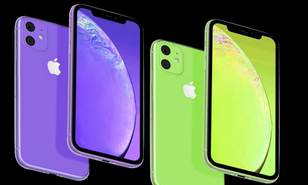 The image displays two 2020 iPhones standing side by side against a black background. The left iPhone has a light purple back and purple display, while the right iPhone features a light green back and green display. Both phones showcase the Apple logo, highlighting the sleek design of these 5G-capable devices.