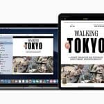 A MacBook, an iPad, and an iPhone are displayed side by side, each showing an identical digital magazine cover titled "Walking Tokyo," available via Apple News+. The cover features a photo of Tokyo's bustling city streets, seamlessly integrating the latest reports from leading publishers.