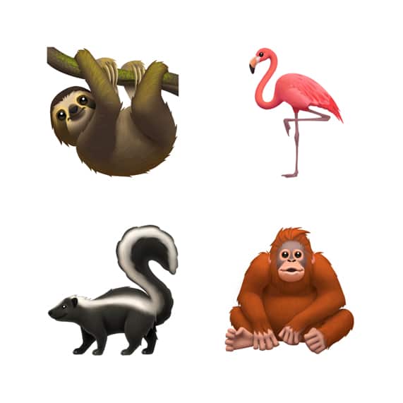 Illustrations of four animals: a sloth hanging from a branch, a pink flamingo standing on one leg, a skunk with its tail raised, and an orange orangutan sitting with its hands on the ground, reminiscent of the new emoji introduced in iOS 13.