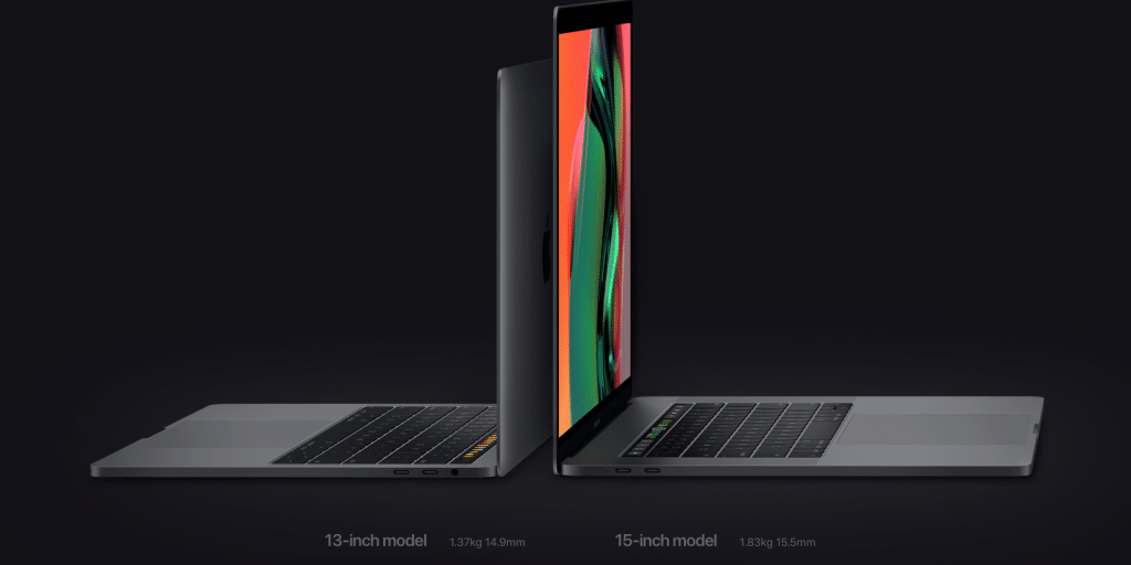 Two open MacBook laptops, a 13-inch MacBook Pro and a 15-inch model, are placed side by side on a dark background. Screens facing each other create a mirror-like appearance. The refreshed 13-inch model weighs 1.37 kg with a thickness of 14.9 mm, while the FCC-approved 15-inch model is 1.83 kg and 15.