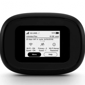 A black portable Wi-Fi device with a digital screen displaying network information. The screen shows details like plan data usage, cycle days remaining, 5G status, and network names for primary and guest connections, with options for Menu and Help. Perfect as a Verizon hotspot device.