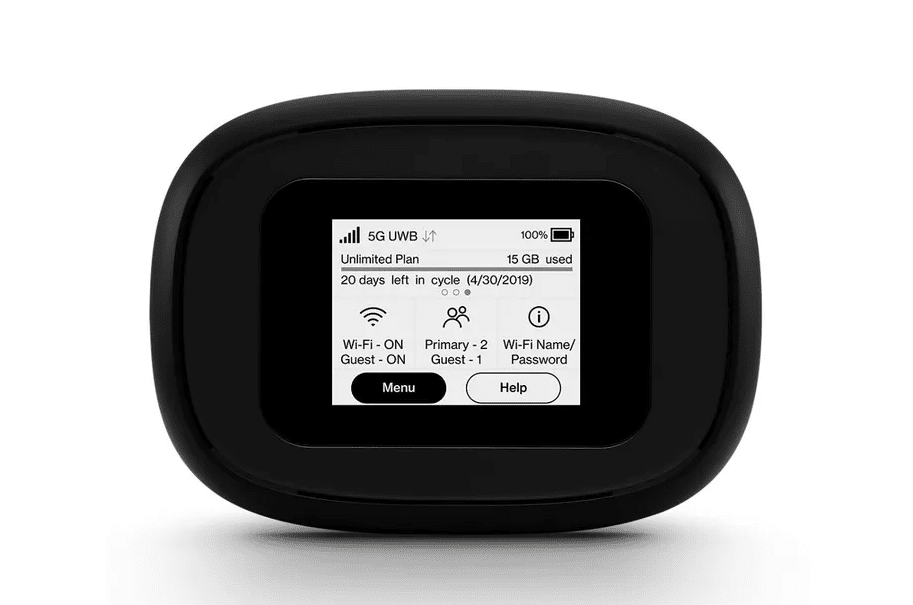 A black portable Wi-Fi device with a digital screen displaying network information. The screen shows details like plan data usage, cycle days remaining, 5G status, and network names for primary and guest connections, with options for Menu and Help. Perfect as a Verizon hotspot device.