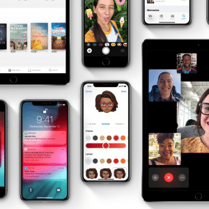 A collage of various Apple devices, showcasing the new features in iOS 13—including FaceTime on an iPad, Apple Books, Health app, Memoji customization, a group video call, and more on iPhones, iPads, and Apple Watches.