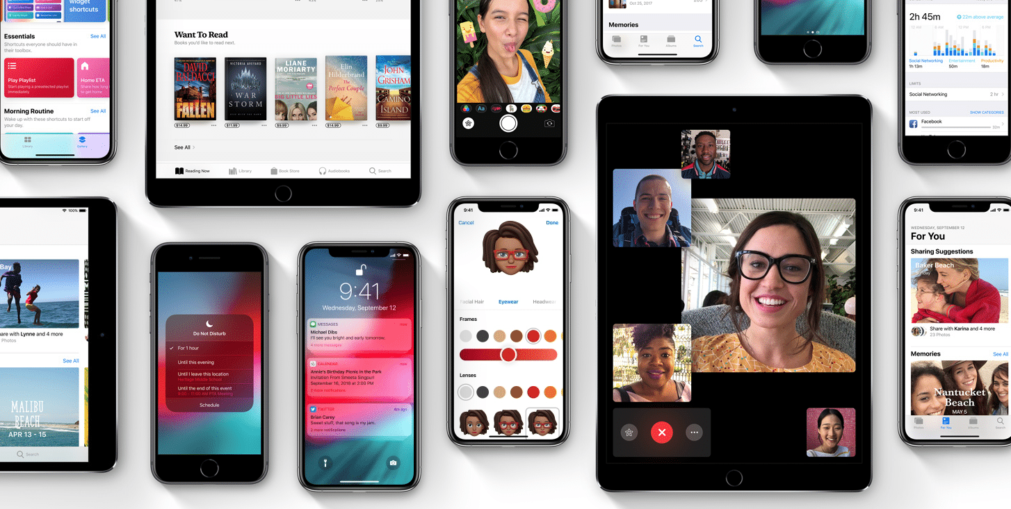 A collage of various Apple devices, showcasing the new features in iOS 13—including FaceTime on an iPad, Apple Books, Health app, Memoji customization, a group video call, and more on iPhones, iPads, and Apple Watches.