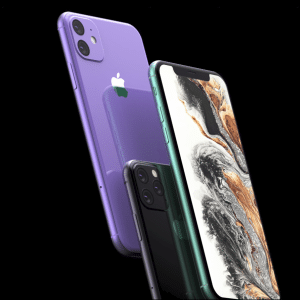 A close-up shot featuring two 2020 iPhones against a black background. One phone, with a purple rear casing, displays its back with a white Apple logo and dual camera arrangement. The other, in dark green, shows off its ProMotion display with a swirling abstract design on the screen.