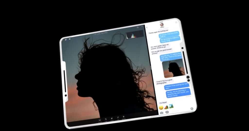 A tablet displayed at an angle shows a silhouette of a person's profile with wavy hair against a dusky sky. The latest new iPads feature this stunning display. The tablet screen includes a messaging app with blue and white text bubbles on the right side, perfect for staying connected across Europe.