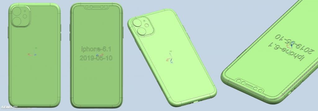 A set of four leaked CAD images showcasing the iPhone XI from various angles. The model is labeled "iphone-6.1" with the date "2019-05-10" inscribed on the back. The phone features dual rear cameras and a slim design with rounded edges.