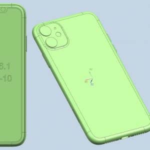 A set of four leaked CAD images showcasing the iPhone XI from various angles. The model is labeled "iphone-6.1" with the date "2019-05-10" inscribed on the back. The phone features dual rear cameras and a slim design with rounded edges.