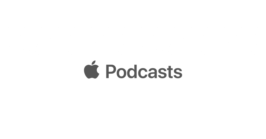 Apple Podcasts logo. The image showcases a simple, gray Apple logo followed by the word "Podcasts" in matching gray text. The background is white, emphasizing its dedication to original content.