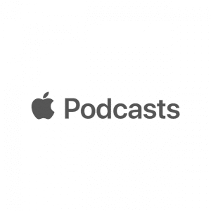 Apple Podcasts logo. The image showcases a simple, gray Apple logo followed by the word "Podcasts" in matching gray text. The background is white, emphasizing its dedication to original content.